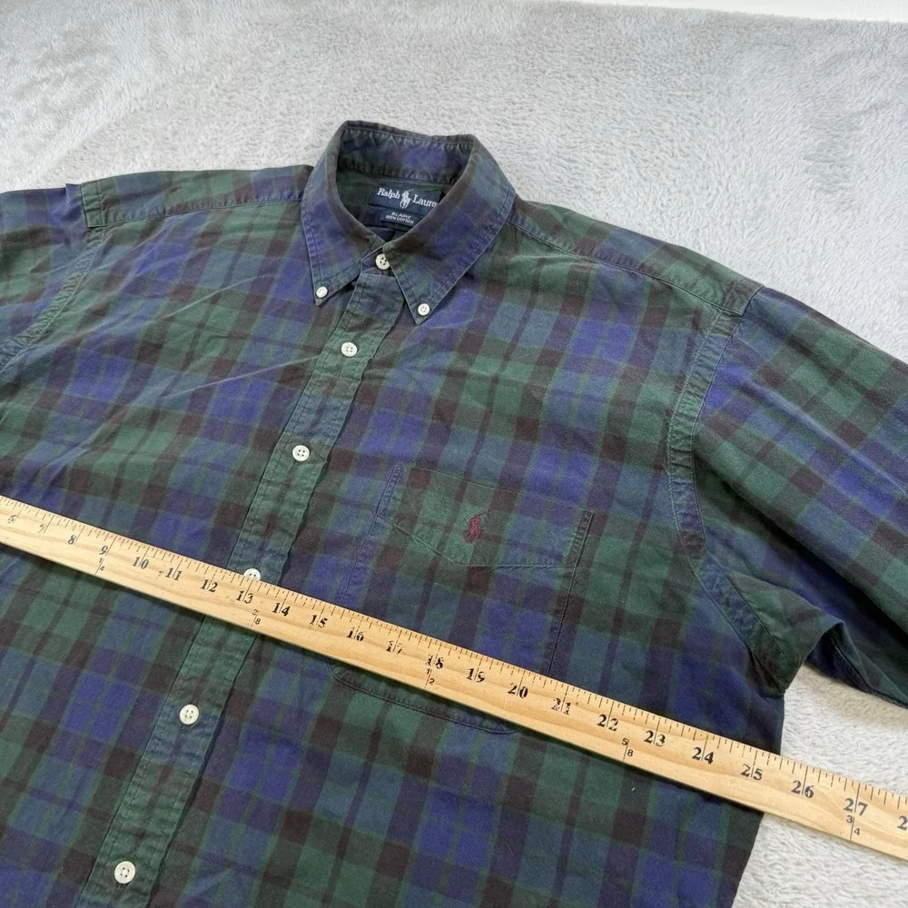 Polo Ralph Lauren Shirt Men Large Blaire Blackwatch Tartan Plaid Blue Green Pony